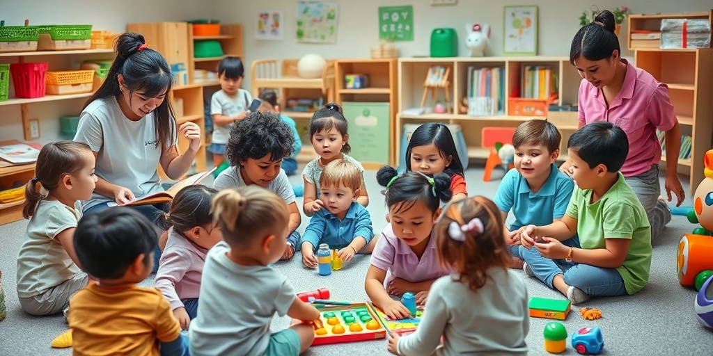 Caregivers actively guiding children in storytelling and crafts, creating a vibrant and stimulating learning environment. 4.png