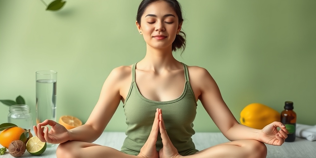 Close-up of a person meditating, surrounded by health symbols like fruits and essential oils, embodying balance and wellness.  2.png