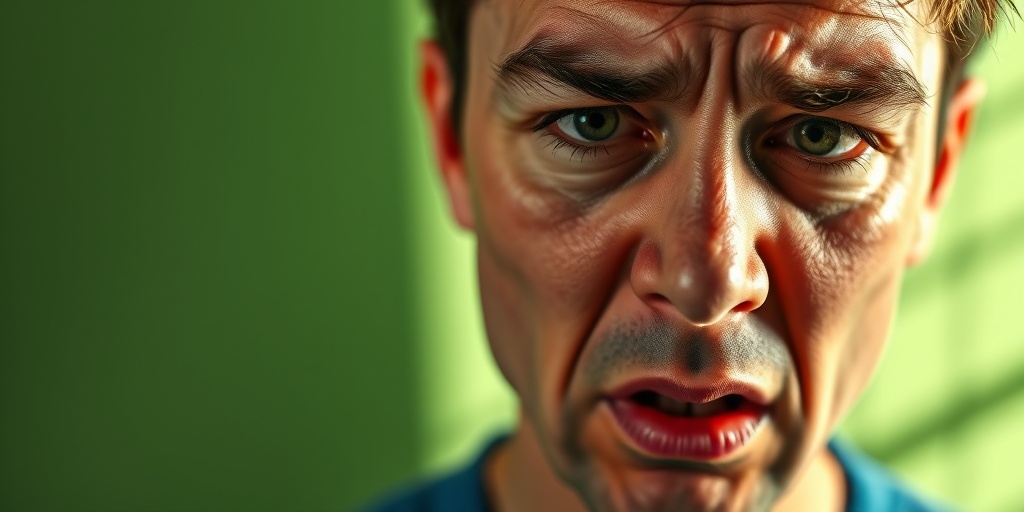 Close-up of a person's face displaying facial tics, capturing a mix of frustration and determination in soft lighting.2.png