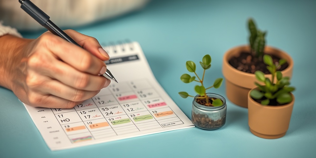 Close-up of a woman writing key dates on an ovulation calendar, with a calming blue background and a potted plant nearby.  2.png