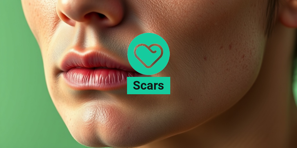 Close-up of diverse scars on human skin, showcasing textures and colors against a soft green background. • Yesil Health AI