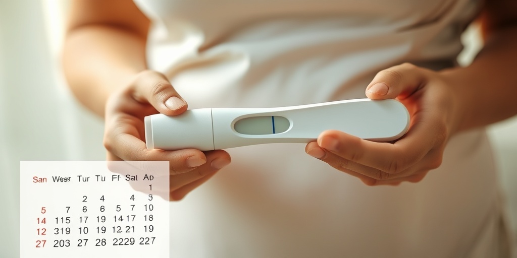 Close-up of hands holding a pregnancy test with two lines, surrounded by a warm, creamy background and a calendar.  2.png