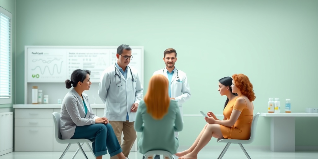 Diverse individuals discuss medical histories with a healthcare professional, surrounded by genetic markers in a clinical environment. 3.png