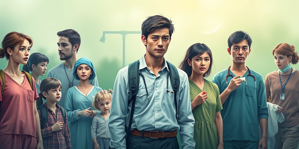 Diverse individuals in various environments displaying subtle risk factors for flesh-eating bacteria, set against a green and blue background.  3.png