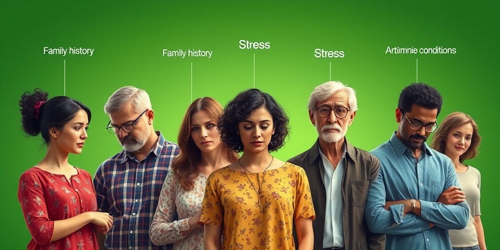 Diverse individuals represent various risk factors for hyperthyroidism, engaged in activities against a harmonious green background.  3.png