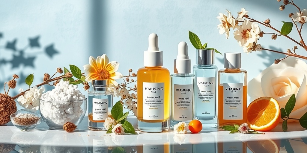 Elegant glass containers display popular skincare ingredients, surrounded by fresh botanicals, inviting exploration of their benefits. 2.png