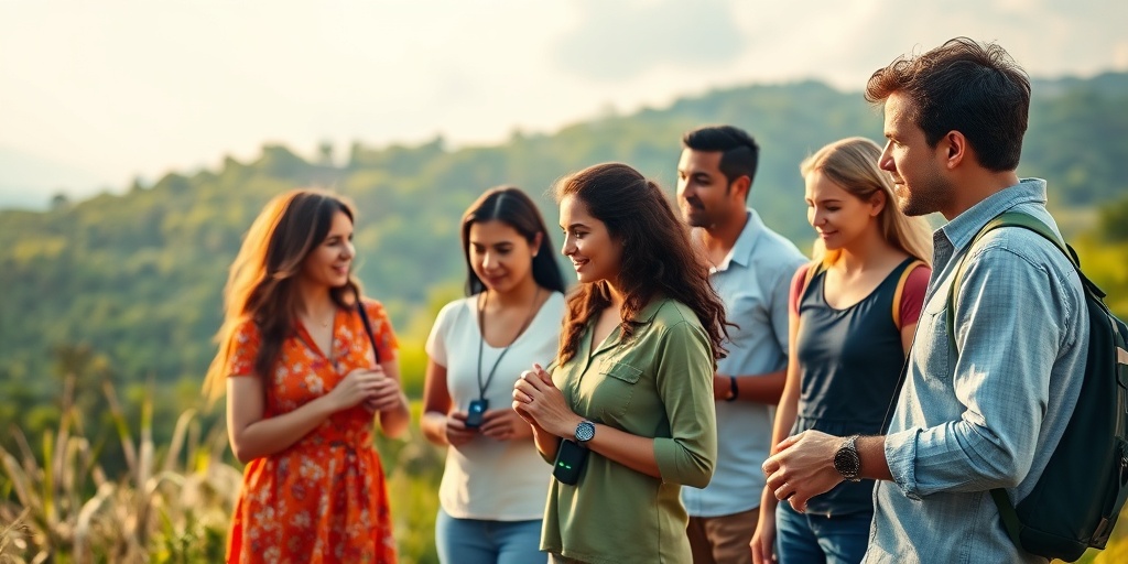 Individuals interact with wearable health devices in a serene landscape, symbolizing the harmony between health and nature.5.png