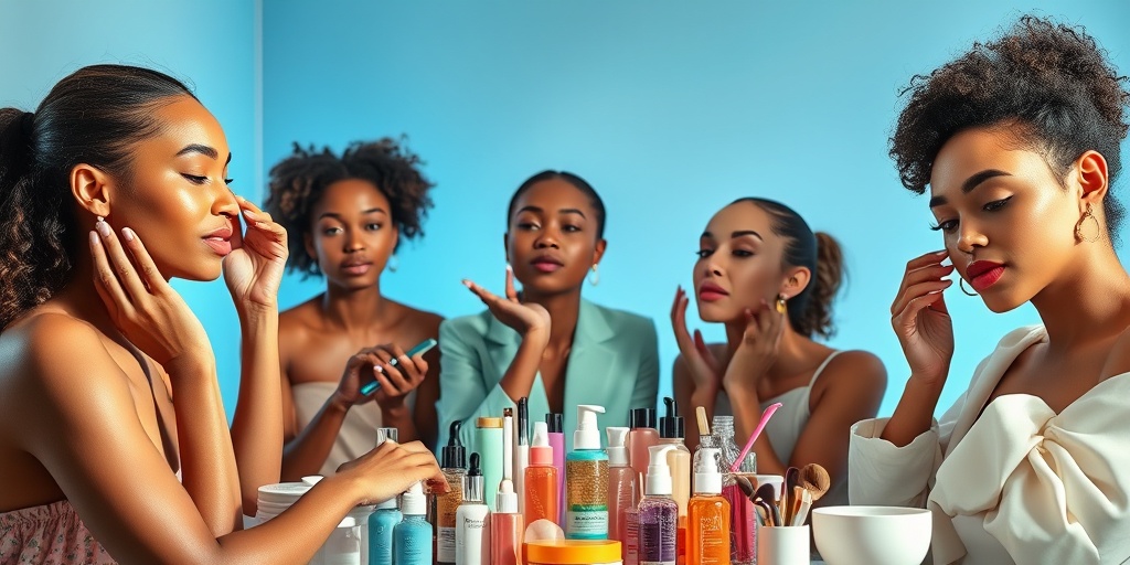 Models engage in vibrant beauty rituals, showcasing innovative products and techniques in a lively, inclusive atmosphere. 4.png