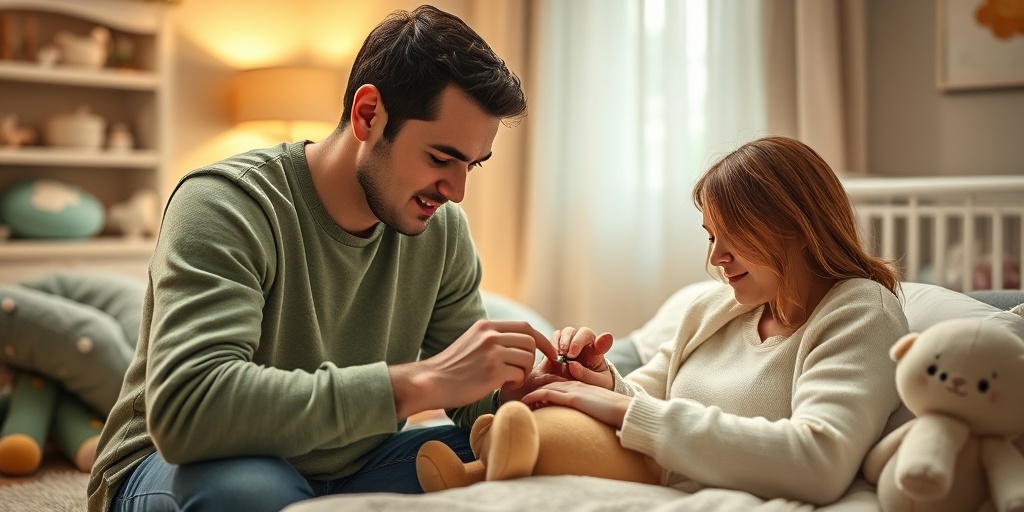 New parents gently clean their baby's umbilical cord stump in a serene nursery, surrounded by soft toys and warm lighting.  5.png