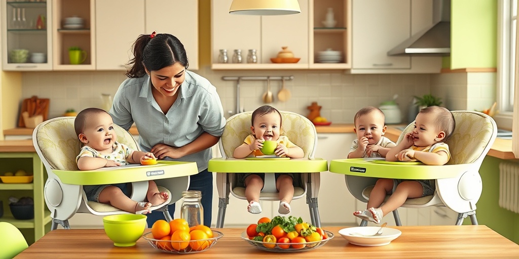 Parents joyfully feeding their triplets in high chairs, surrounded by nutritious foods in a bright, inviting kitchen.  4.png