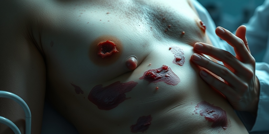 Patient in a clinical setting with blisters and swelling from flesh-eating bacteria, examined by a concerned healthcare professional under soft lighting.  2.png