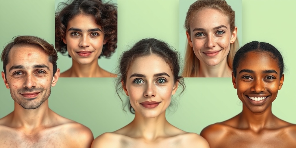 Portraits of individuals with common skin conditions emphasize resilience and beauty, set against a calming background. 3.png