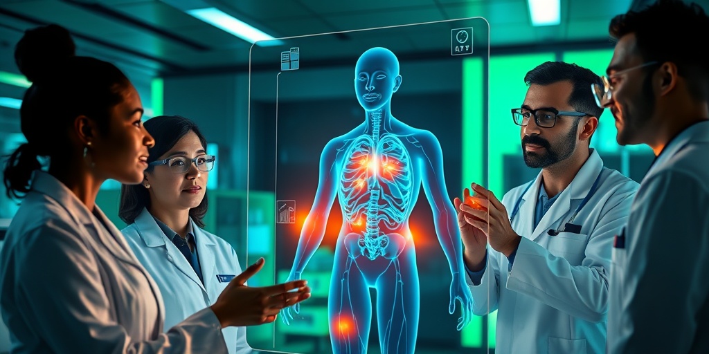 Scientists analyze holographic health data in a sleek lab, showcasing the exciting role of technology in disease detection.4.png