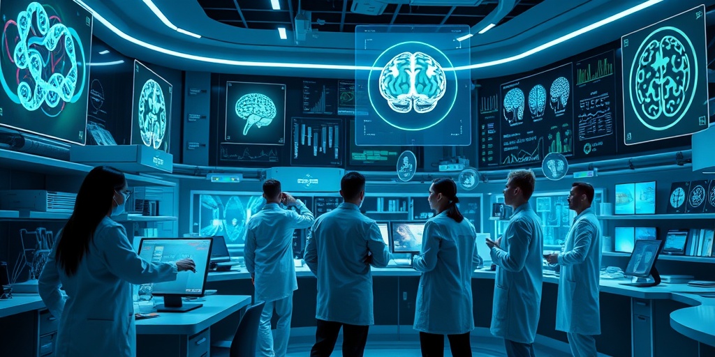 Scientists collaborate in a high-tech lab, exploring future research on glioma-Polyposis syndrome with holographic displays of genetic data.5.png
