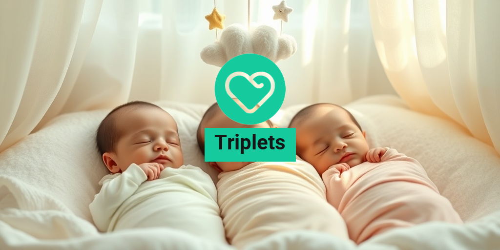 Three newborn triplets peacefully sleeping in a cozy nursery, surrounded by soft pastel colors and gentle natural light. • Yesil Health AI