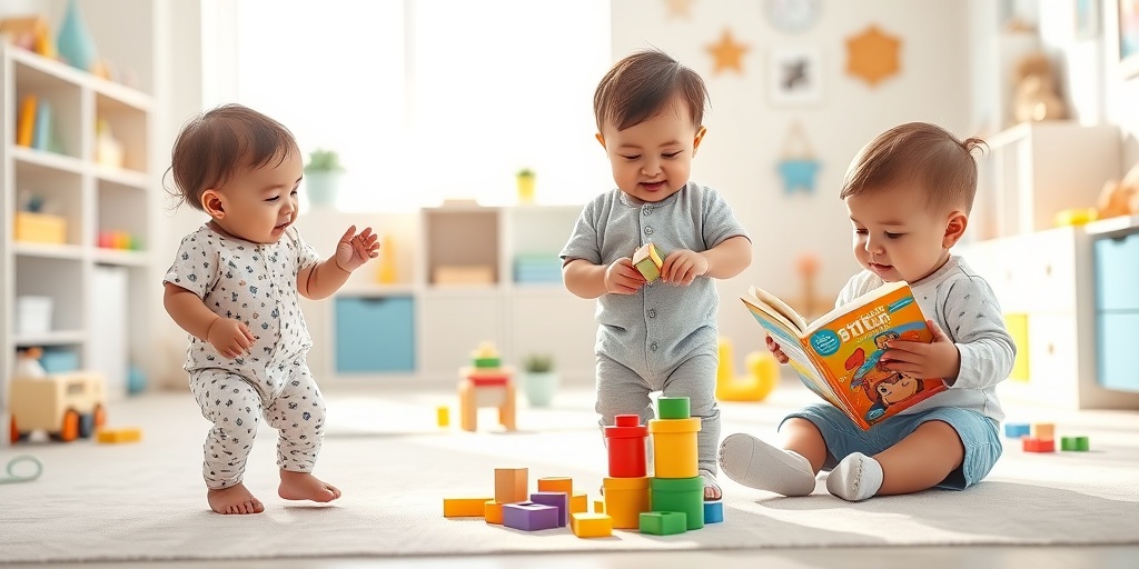 Triplets at various developmental milestones, one walking, another playing, and the third exploring a colorful book in a bright playroom.  3.png