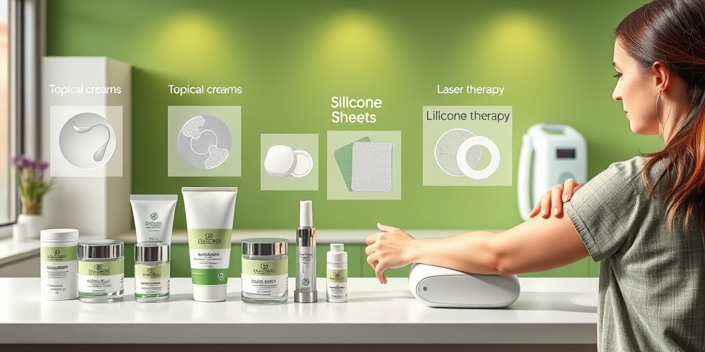 Various scar treatment options are presented in a modern clinic, with a healthcare professional demonstrating application.3.png