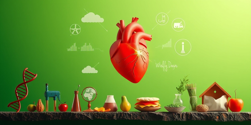 Visual representation of heart hole risk factors, featuring DNA strands and unhealthy foods on a calming green background. 3.png