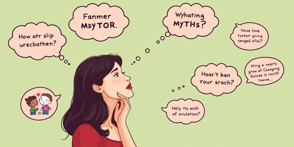 Woman contemplating myths about ovulation, surrounded by thought bubbles with engaging visuals, promoting understanding and education.  5.png