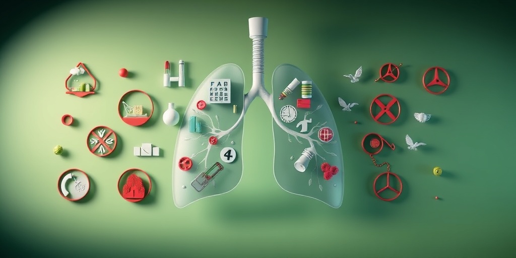 A 3D collage illustrates risk factors for Fibrous Interstitial Pneumonia, including smoking and pollutants, against a harmonious green and blue backdrop.  3.png