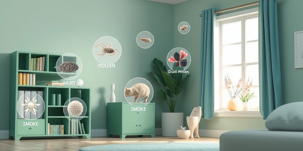 A 3D render illustrates asthma risk factors at home, featuring allergens like dust mites and pollen in a cozy setting. 3.png