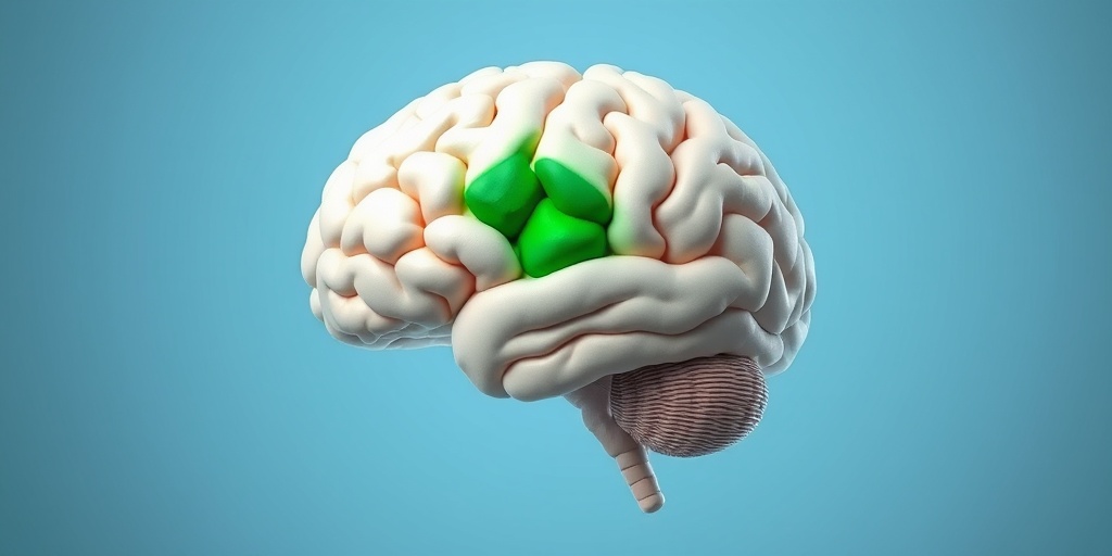 A 3D render of Astrocytoma highlights a cross-section of the brain, with healthy tissue in creamy white and a striking green tumor.  2.png