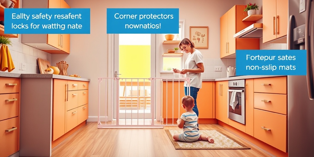 A bright kitchen where a caregiver prepares food while supervising a toddler, featuring child safety locks and cheerful decor.  2.png