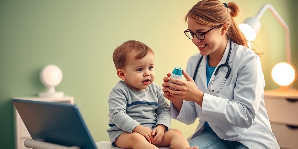 A child on a doctor's table, learning to use an inhaler, comforted by a caring pediatrician in a calming setting.  3.png