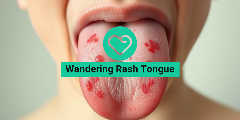 A close-up of a human tongue shows a wandering rash with irregular red patches against a creamy white background. • Yesil Health AI
