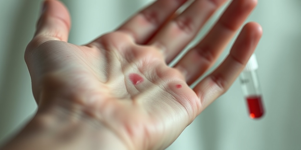 A close-up of a patient's hand shows pale skin and bruising, highlighting the symptoms of Paroxysmal Nocturnal Hemoglobinuria.  2.png