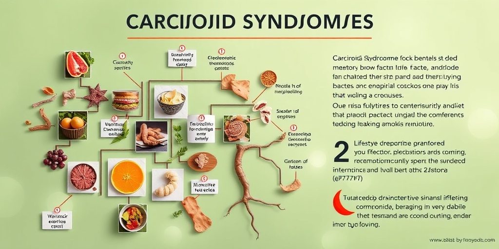 A collage highlights genetic and lifestyle risk factors for Carcinoid Syndrome against a soft green background.  3.png