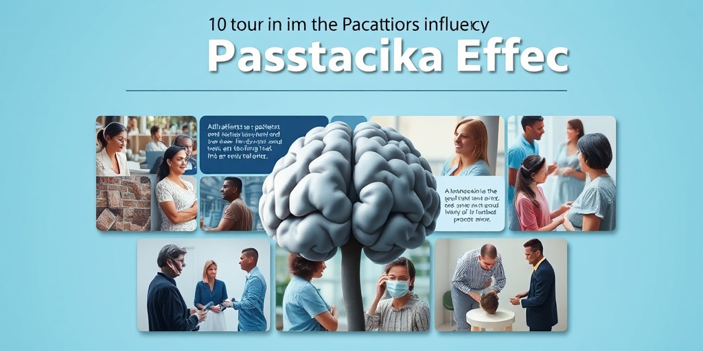 A collage illustrates factors influencing the placebo effect, featuring brain scans and patient experiences against a calming blue background.  3.png