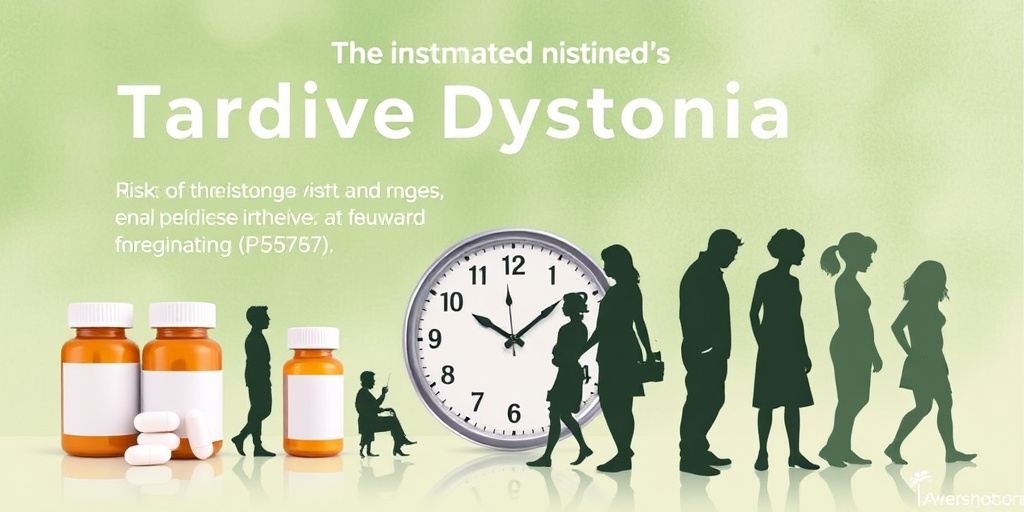 A collage illustrating Tardive Dystonia risk factors, featuring medication bottles and silhouettes, in soothing green and white tones.  3.png