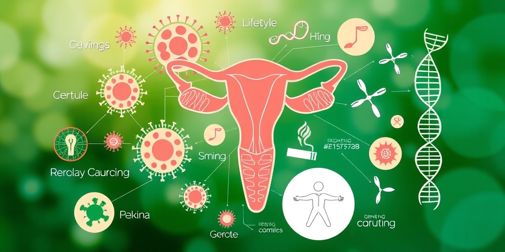 A collage illustrating cervical cancer causes, featuring HPV, lifestyle factors, and genetics in a visually engaging manner.3.png