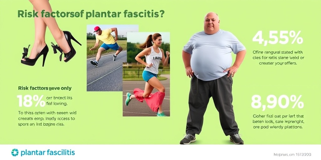 A collage of risk factors for plantar fasciitis, featuring high heels, running, and weight issues in a green backdrop.  3.png