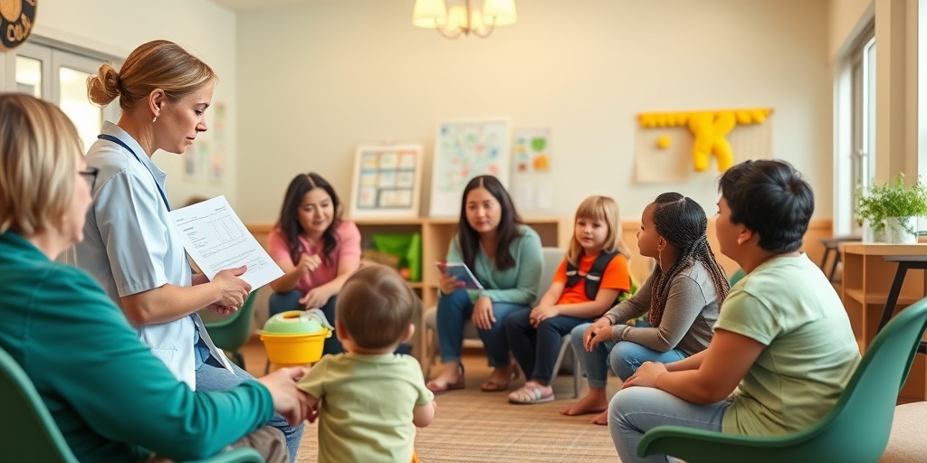 A community center scene where a caregiver shares toddler safety tips, fostering engagement and support among parents.  5.png
