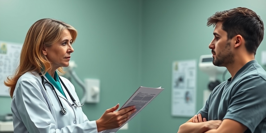 A compassionate healthcare professional examines a patient for Sjogren's Syndrome, surrounded by medical equipment in a warm, clinical setting.  3.png