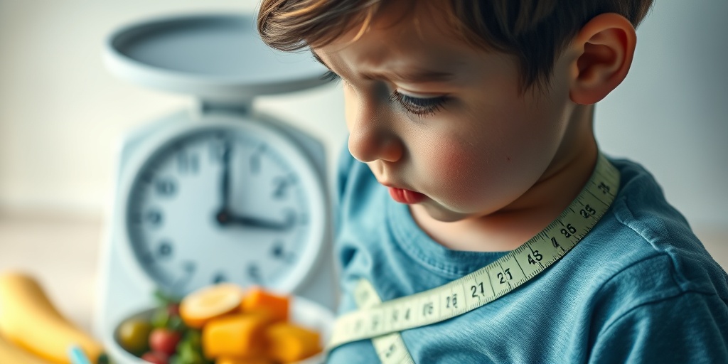 A concerned child measures their waist, surrounded by healthy foods, emphasizing the contrast with obesity.  2.png