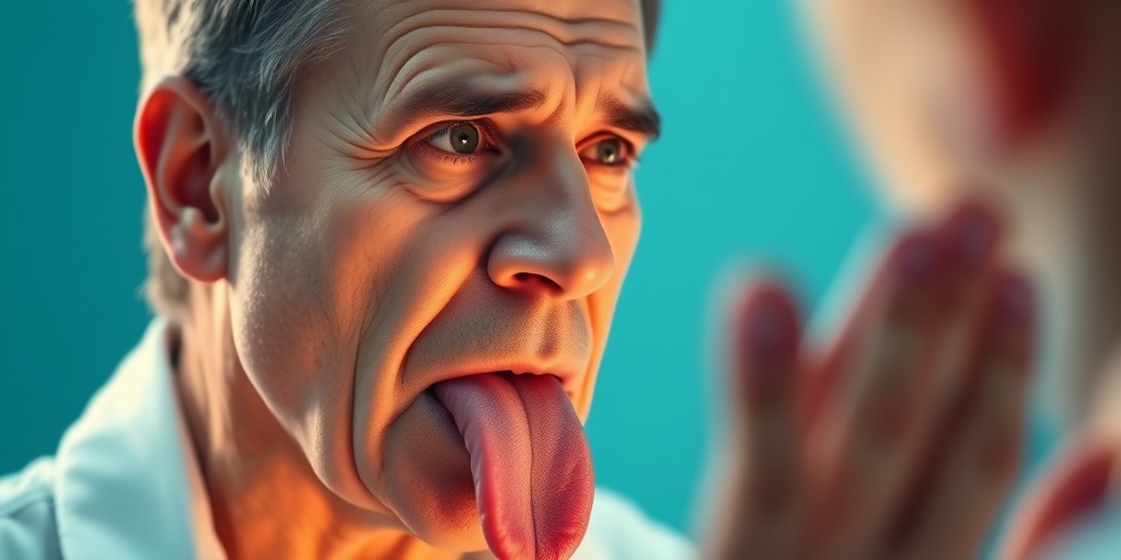 A concerned middle-aged adult examines their rash tongue in a mirror, illuminated by soft, warm lighting in a clinical setting. 2.png
