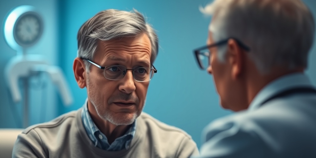 A concerned middle-aged patient discusses skull base chordoma symptoms with a healthcare professional in a softly lit clinic.  2.png