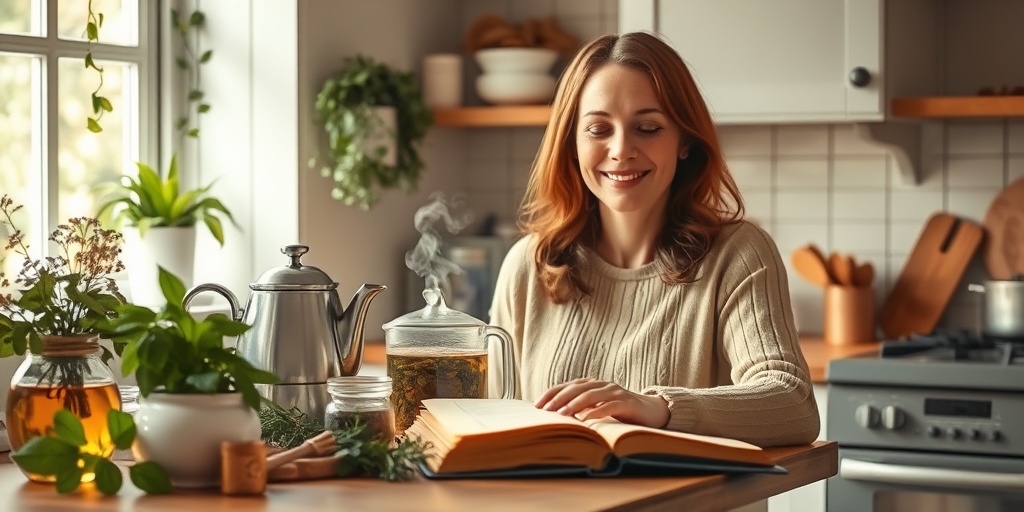 A cozy kitchen scene where a woman prepares herbal teas for Sjogren's Syndrome, filled with fresh herbs and a steaming teapot.  4.png