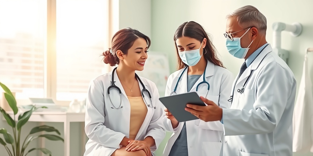 A dermatologist consults a patient about treatment options in a well-lit clinic, conveying hope and support for Xeroderma Pigmentosum.  4.png