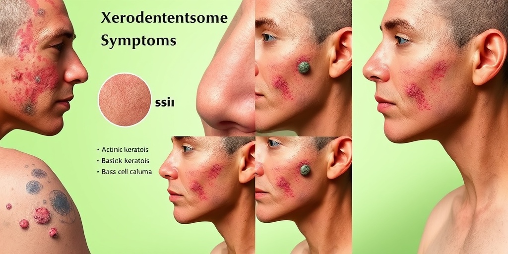 A detailed collage showcases various skin lesions associated with Xeroderma Pigmentosum against a soft green background.  2.png