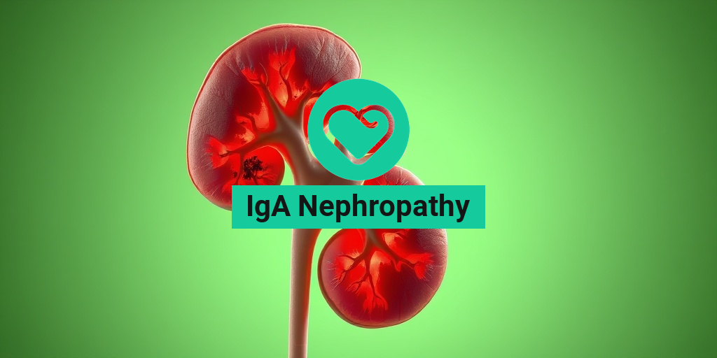 A detailed kidney affected by IgA Nephropathy, showcasing glomeruli and inflammation against a soft green background. • Yesil Health AI
