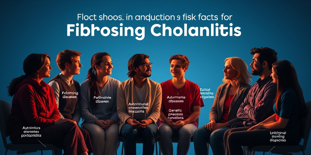A diverse group discusses Fibrosing Cholangitis risk factors, promoting awareness in a supportive environment with warm lighting.3.png