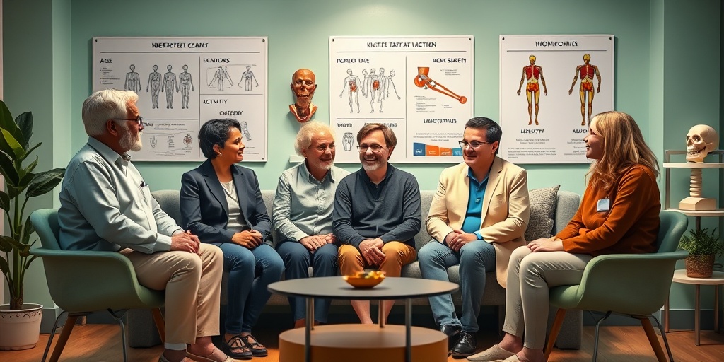A diverse group discusses knee replacement surgery options in a cozy consultation room filled with medical charts.  3.png