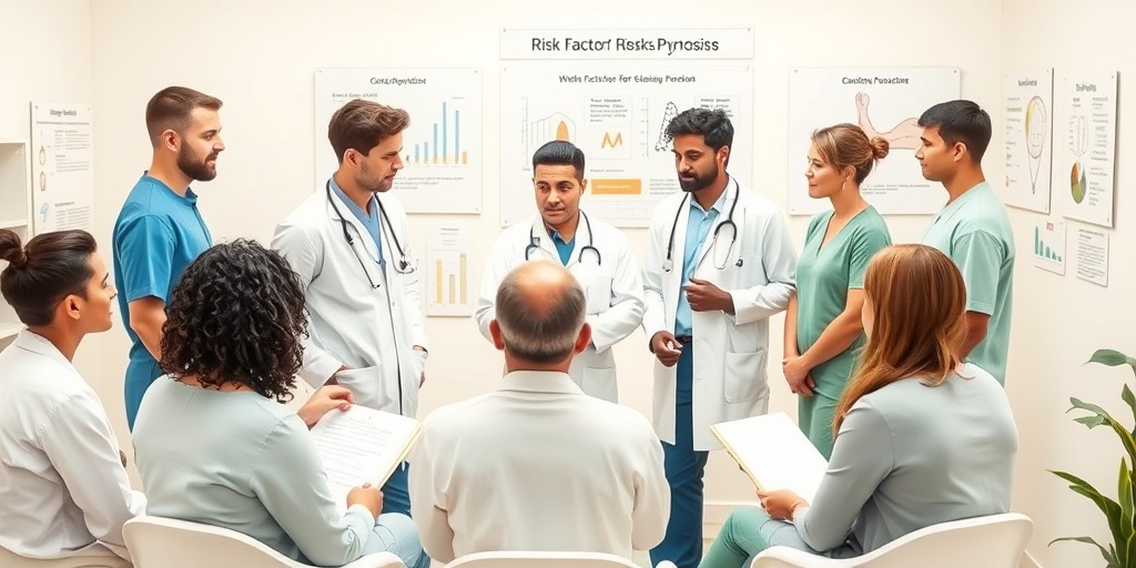 A diverse group discussing glossopyrosis risk factors with a healthcare professional in a welcoming clinic environment.  3.png