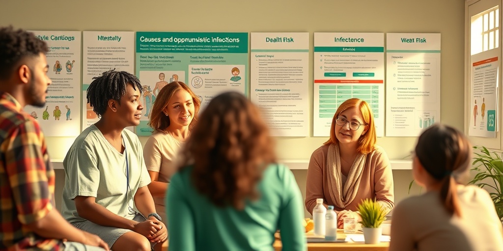 A diverse group discussing lifestyle choices in a community health setting, emphasizing awareness of risk factors for opportunistic infections.3.png