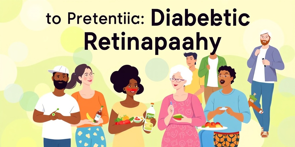 A diverse group engages in healthy activities, symbolizing prevention of diabetic retinopathy against a vibrant green and blue backdrop.  5.png