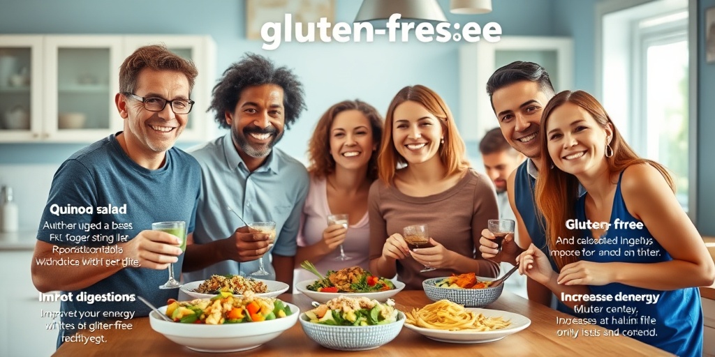 A diverse group enjoys gluten-free meals in a bright kitchen, emphasizing community and the health benefits of gluten-free diets.  2.png